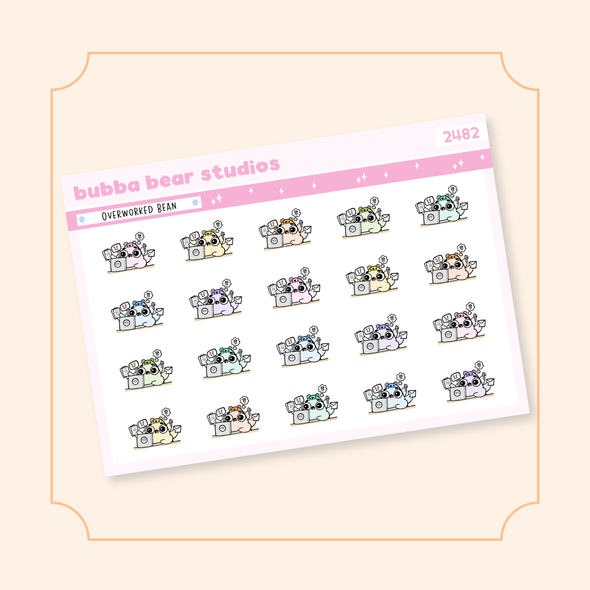 Overworked Beans Quarter Sheet Colorful Bubba Bear Studios Overworked Beans Stickers